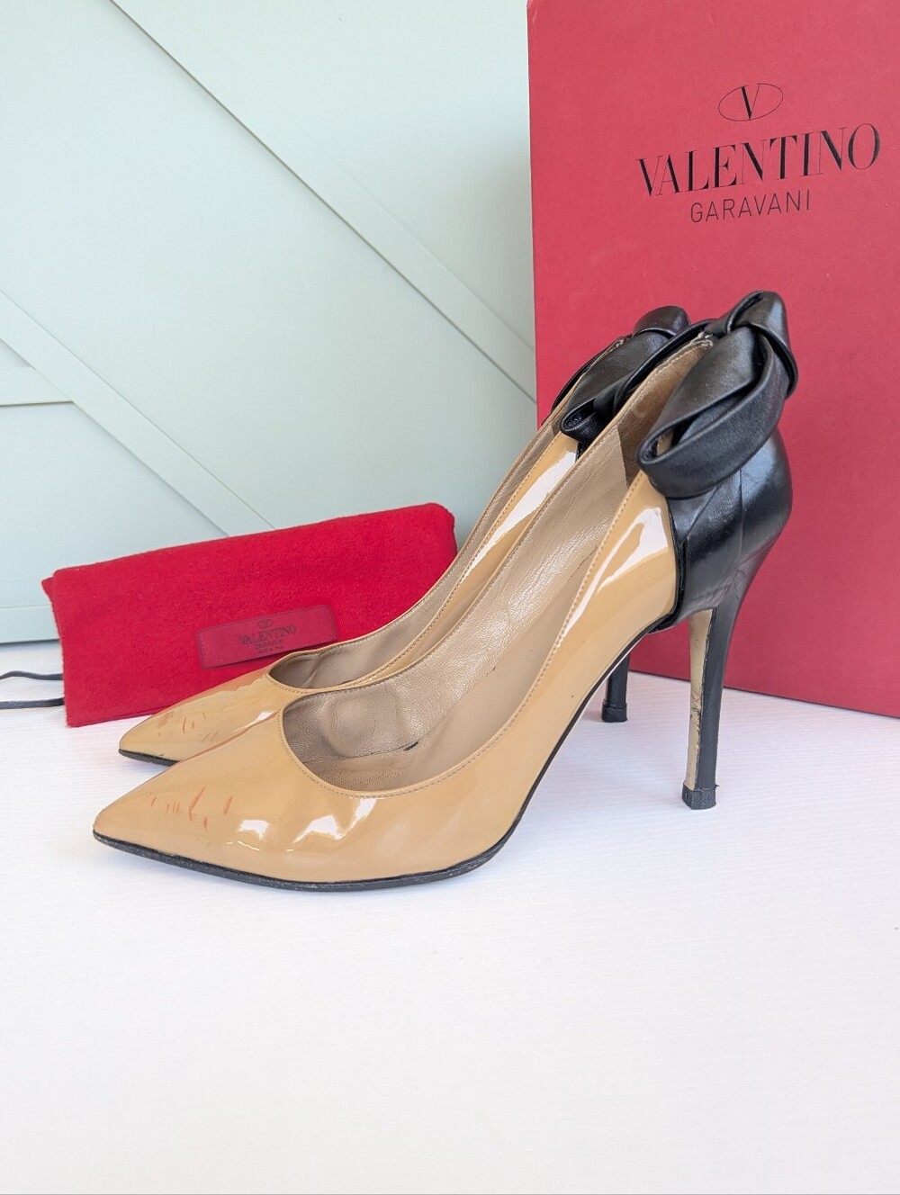 Valentino Two-Tone Patent Leather Pointed-Toe Pumps - Beige/Black